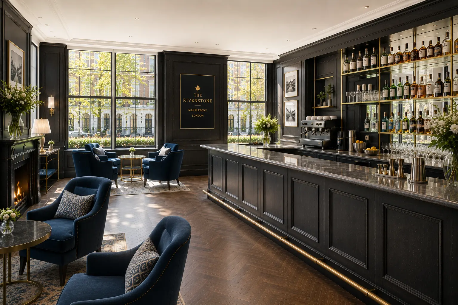 The Rivenstone bar, with a marble counter, brass fittings, and a fireplace lounge