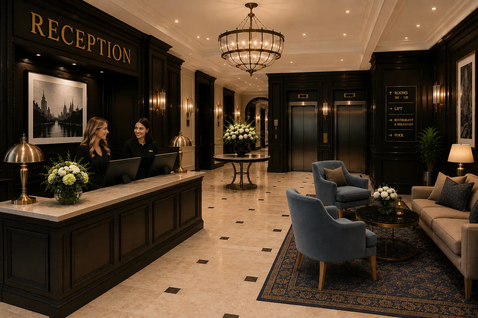 The Rivenstone reception desk, with two members of staff welcoming a guest in a bright, wood-panelled lobby