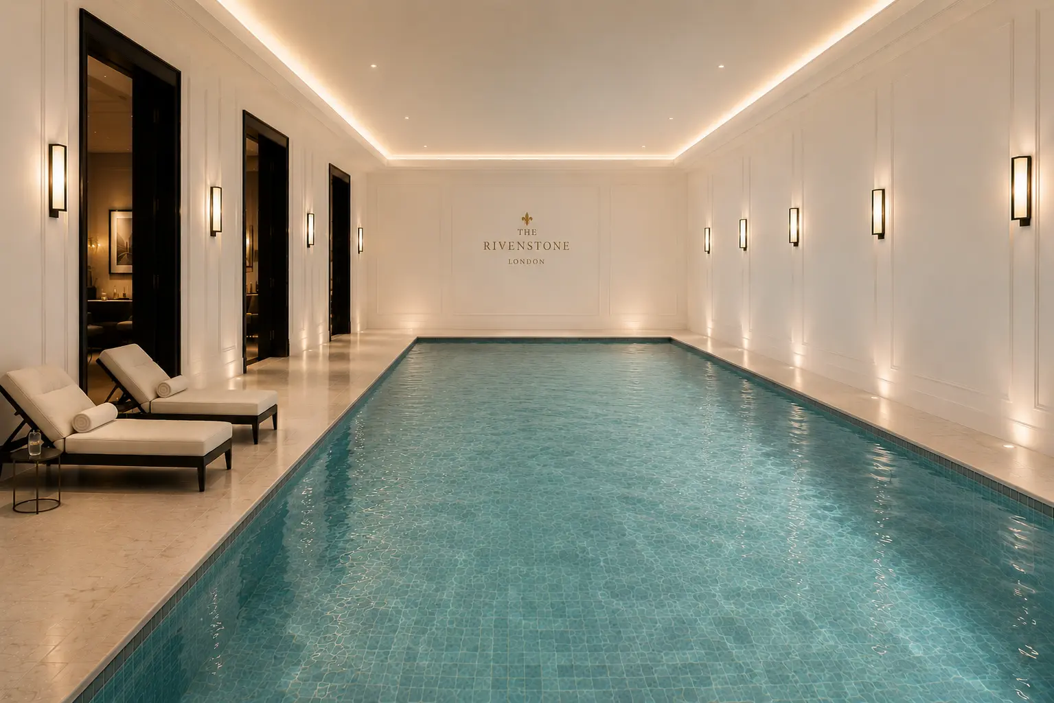Indoor swimming pool with warm lighting and loungers
