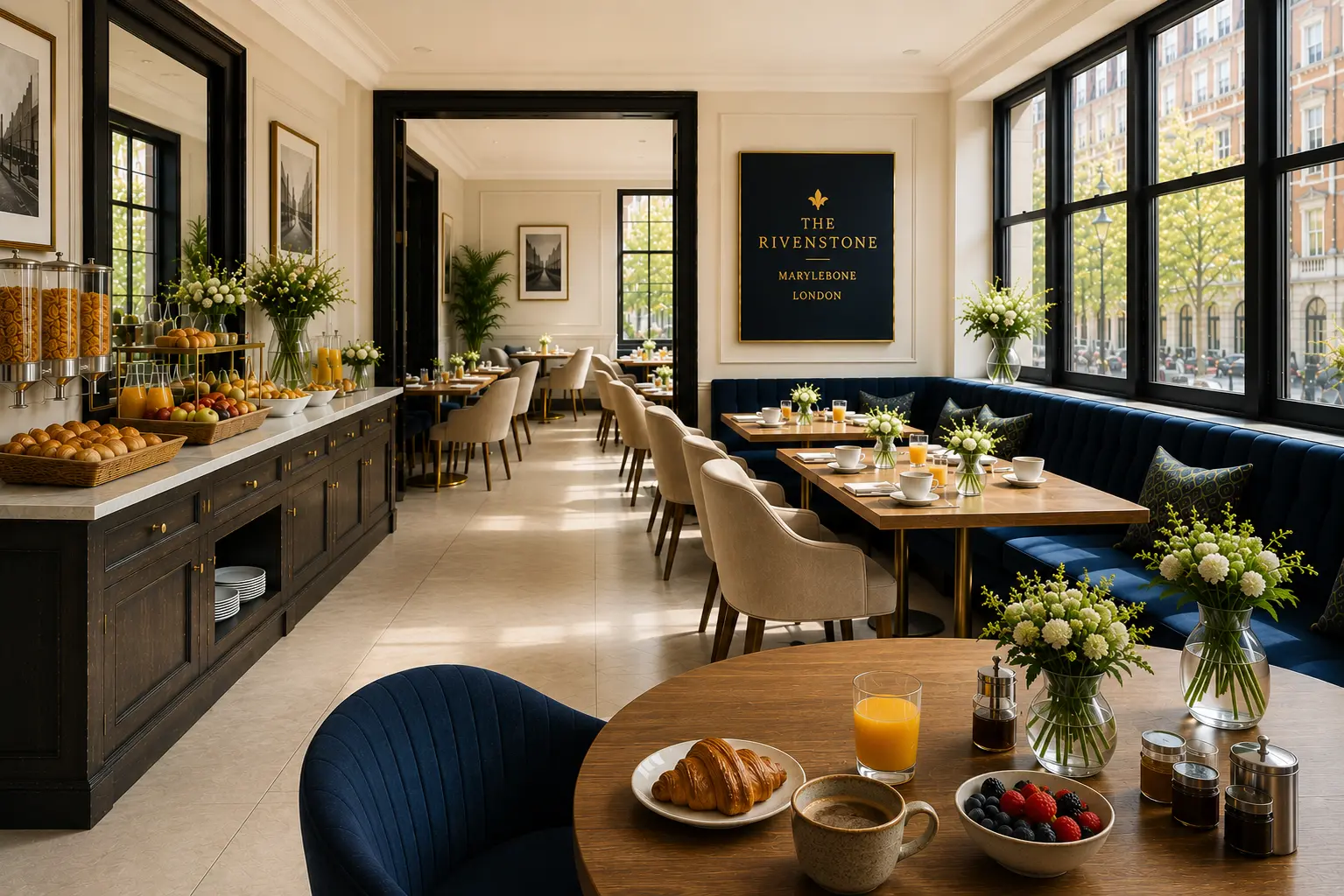 The Rivenstone restaurant and breakfast room, bright with morning light
